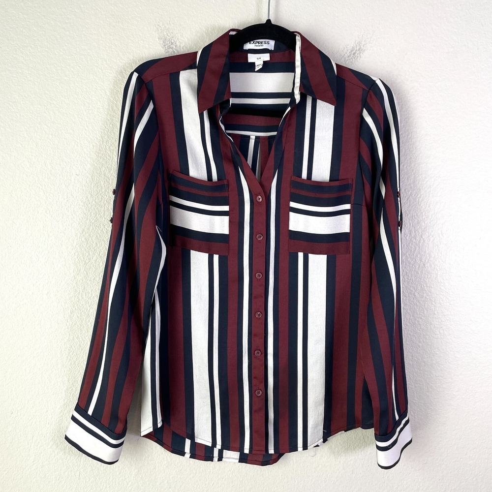 Express The Portofino Shirt Womens Small Striped Slim Fit Top Roll Tab Sleeve
